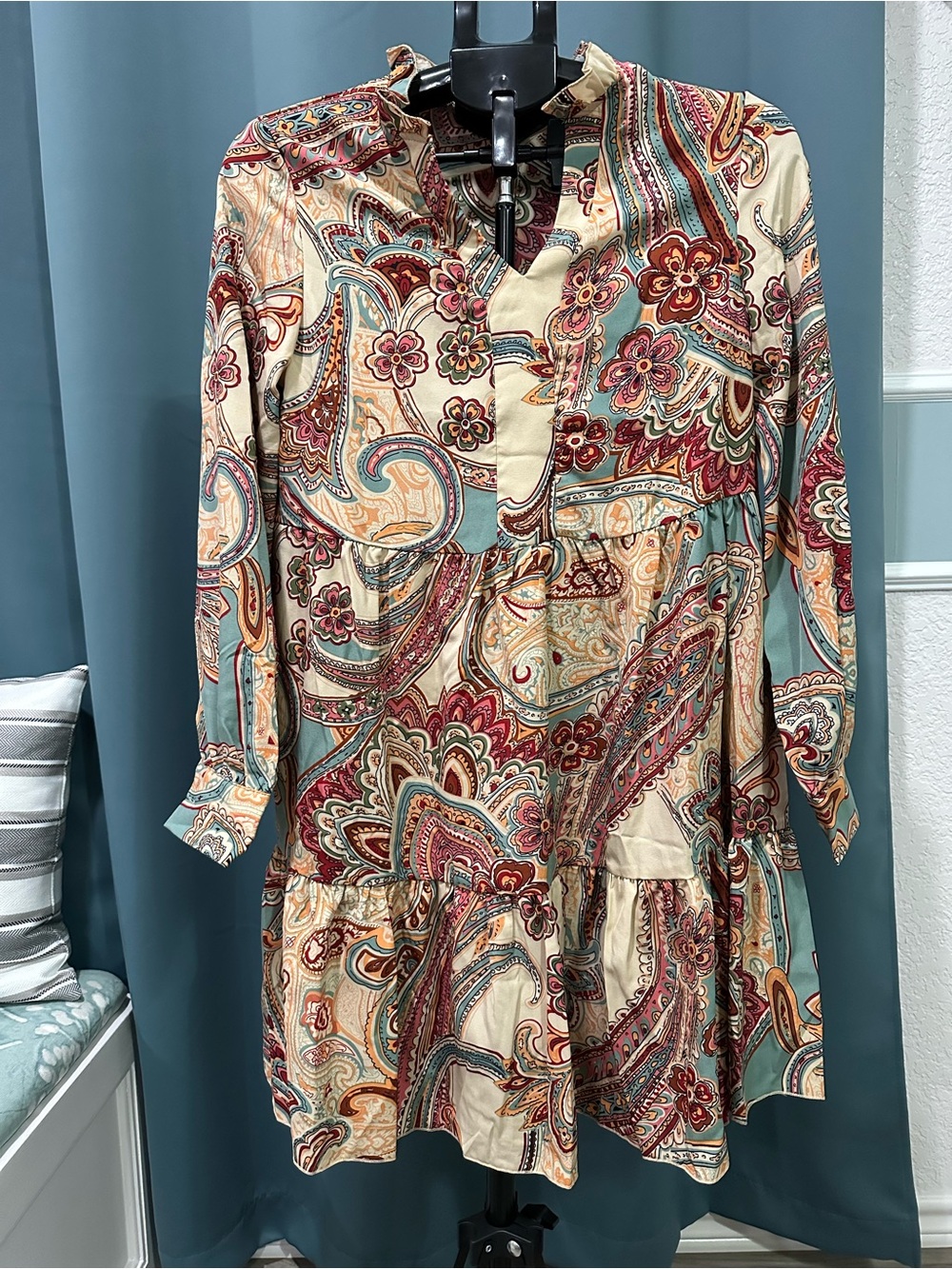 Paisley Tiered Long Sleeve Dress in Cream & Teal NWOT